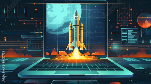 Launching Space Rocket From Laptop Screen. Generative AI photo