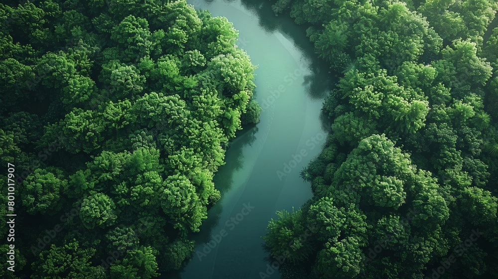 An aerial view of a lush green forest with a river running through it