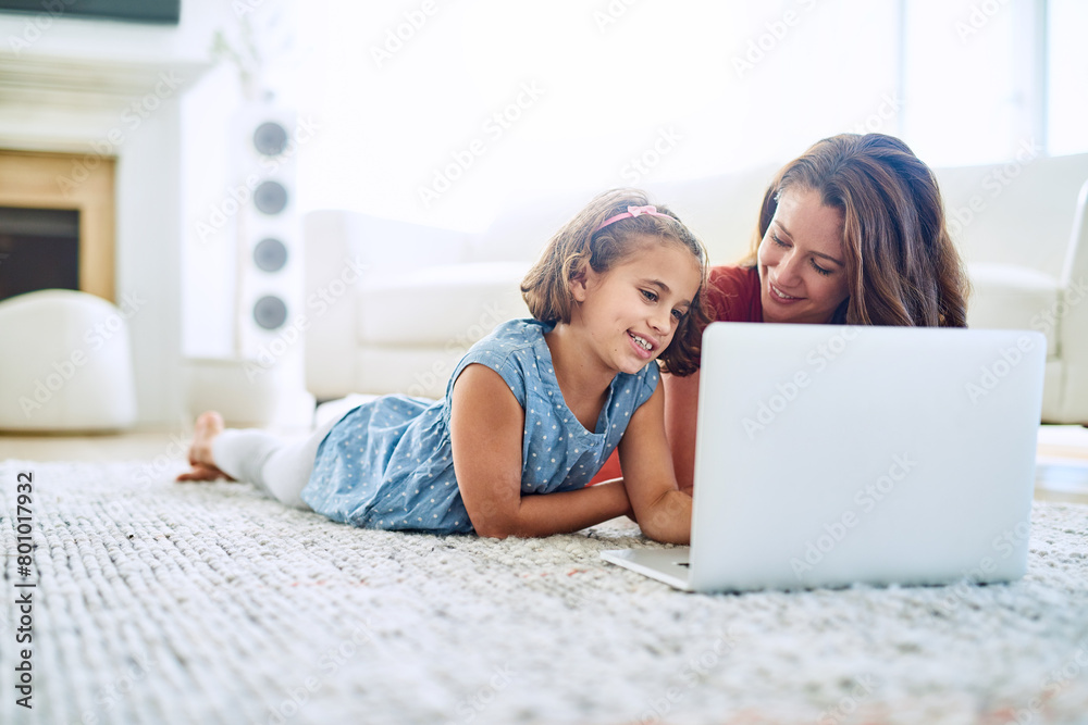 Mother, girl and laptop for learning in home, online class and remote homeschool or education on floor. Daughter, mama and streaming cartoon or app for development, bonding and support in childhood Mother, girl and laptop for learning in home, online class and remote homeschool or education on floor. Daughter, mama and streaming cartoon or app for development, bonding and support in childhood
