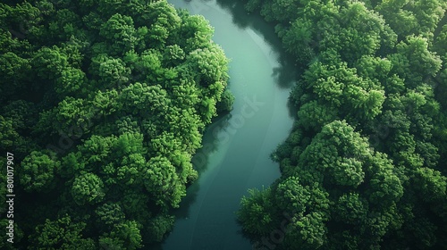 An aerial view of a lush green forest with a river running through it