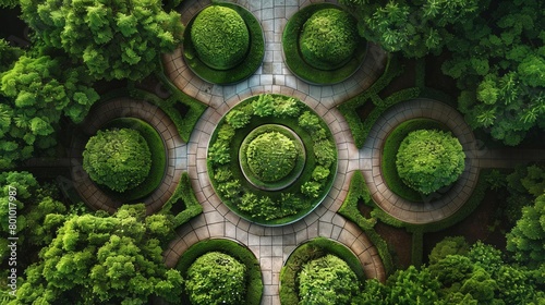 An aerial view of a beautiful garden with a circular pattern of bushes and trees.