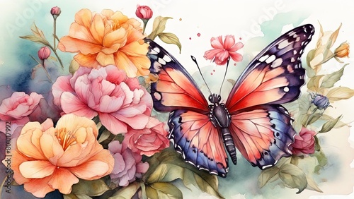 Watercolor illustration of close-up a beautiful colorful butterfly on a summer flower