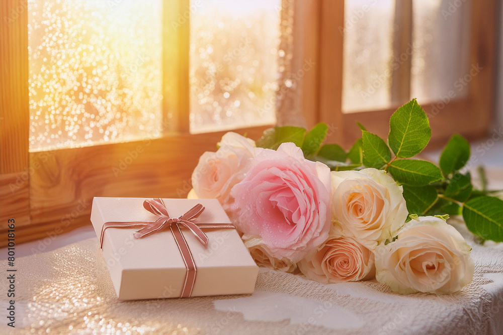 Obraz premium greeting card with roses in the background and a gift,