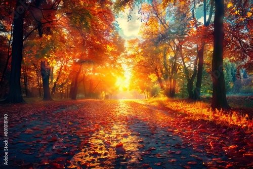 Fiery Autumn Sunrise on Park Pathway