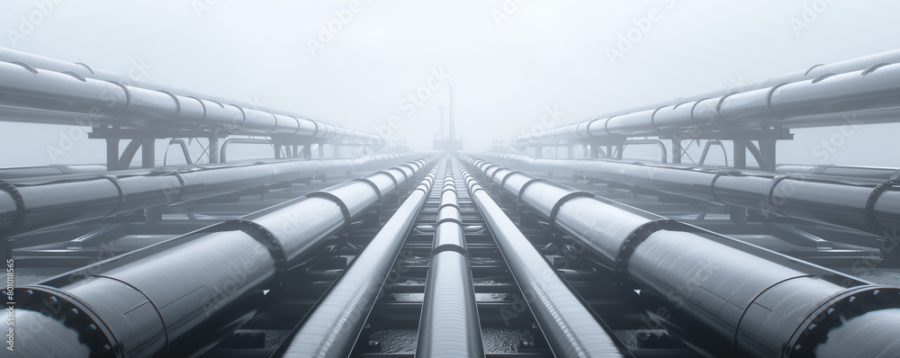 Industrial pipelines fading into foggy horizon.