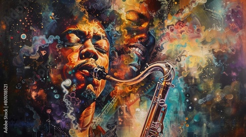 A painting of a man playing the saxophone. The man is surrounded by vibrant colors and abstract shapes. The painting has a dreamlike quality.