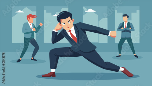 A young professional learns how to protect themselves in a simulated mugging situation dressed in their sharp work attire.