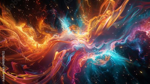 Energetic bursts of luminous color and shape intertwining in a dynamic display of digital artistry.