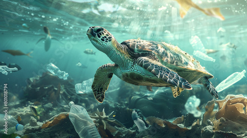 A sea turtle navigating through plastic pollution, highlighting environmental issues