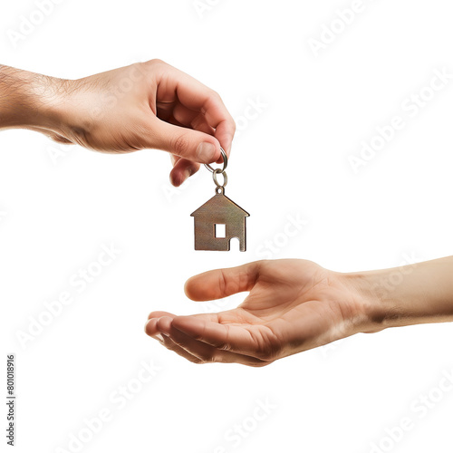 Man hand giving key to other person, Key in the shape of house, unique on transparent background