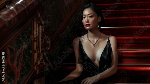 Elegant Woman Posing on Red Staircase