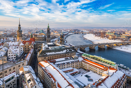 The Dresden and Augustus bridge over the Elbe river aerial cityscape on a cold winter day in late afternoon.