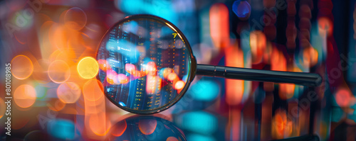 Magnifying glass focusing on stock market data on screens with colorful light bokeh. photo