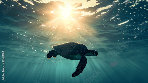 A sea turtle silhouette against the sun as it swims beneath the ocean's surface. © Sheh