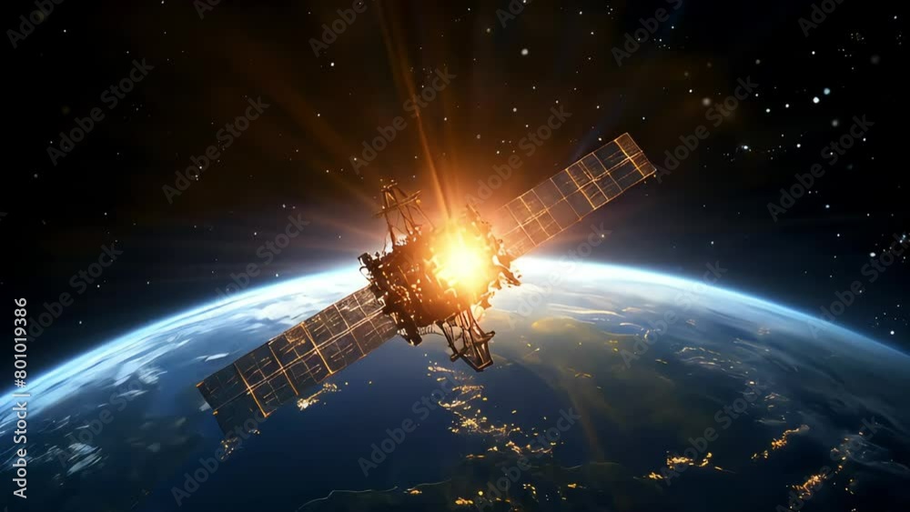 A satellite flying in space above the planet, illuminated by the bright glow of the stars, conducts an exploration of the Earth from space.