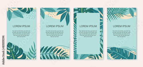 Social media template stories in flat design. Summer mood illustrations with tropical leaves for publications. Vector illustration.
