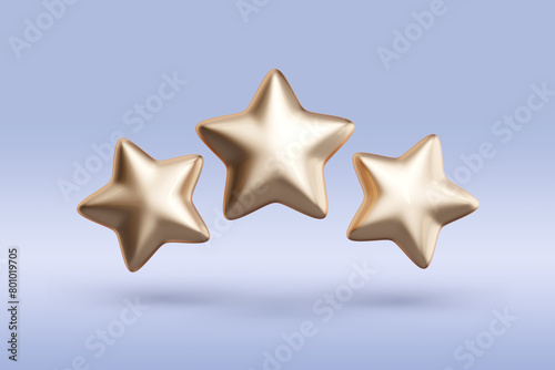 3d three flying stars quality rating. Golden yellow glossy stars. Customer achievement and feedback. high client rating about work. 3d render illustration