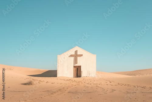 White church in the desert with blue sky background.