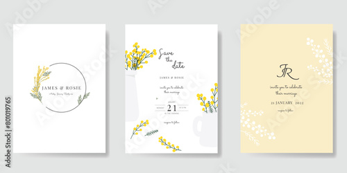 Minimal botanical Wedding Invitation, floral invite thank you, rsvp modern card Design in leaf and flower water color texture decorative Vector elegant rustic template