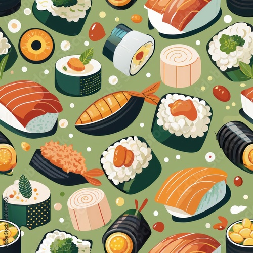 Seamless pattern of sushi ingredients  including rice  fish  and seaweed  for a culinary-themed design  Generative AI
