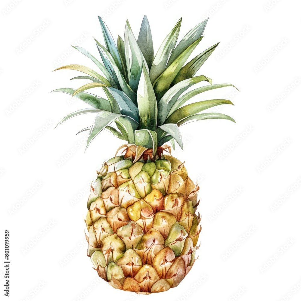 Fototapeta premium Watercolor Pineapple - Hand-painted decorative fruit with botanical beauty on white background.