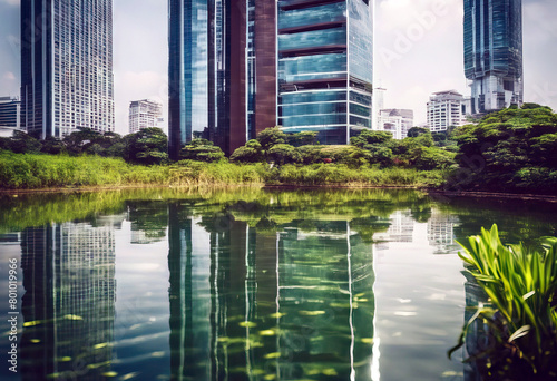  image Bangkok have exposure reflection business Modern long buildings green Thailand foreground bush office lake have sunny taking day Business Flower Water Sky Travel Office City Landscape 