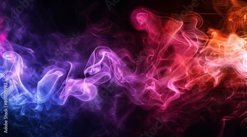 Vivid swirls of smoke in red, blue, and purple hues create a dynamic motion background with a mysterious atmosphere