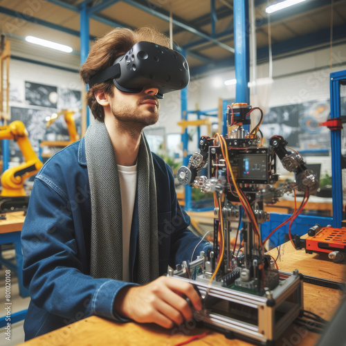 VR Vision: Developer Designs the Future in Robotic Workshop. Headset Tech Meets Industry: VR Headset Guides Robot Creation in Modern Workshop. generative AI