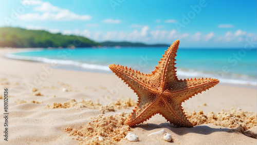 A starfish is sitting on the sand of a beach with the ocean in the background. The starfish is tan and has 5 points. The ocean is blue and green and there are white clouds in the sky.  