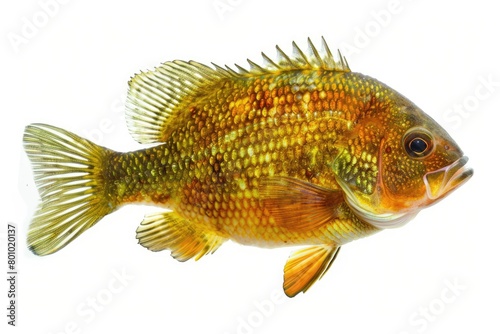 Isolated Sunfish on White Background. Bluegill Freshwater Fish in Profile. Color Photo 