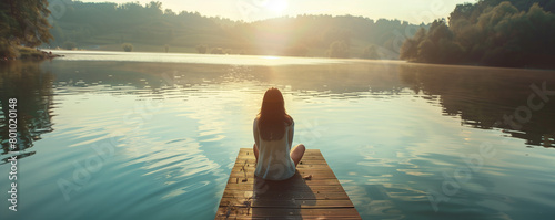 Woman sitting on a dock enjoying a lake sunset. © connel_design