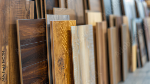 various shades of woods laminates kept on a row as sample with a big blurry backdrop for text or product backdrop photo