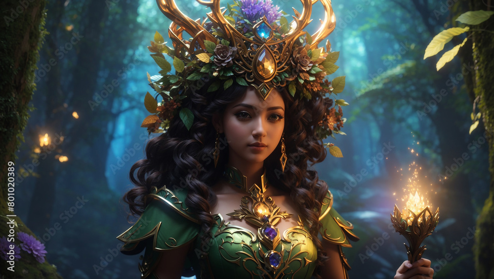 A photo of a woman, who appears to be a forest spirit, with green skin and leaves in her hair. She is wearing a green dress and has a serious expression on her face. There are glowing mushrooms on the