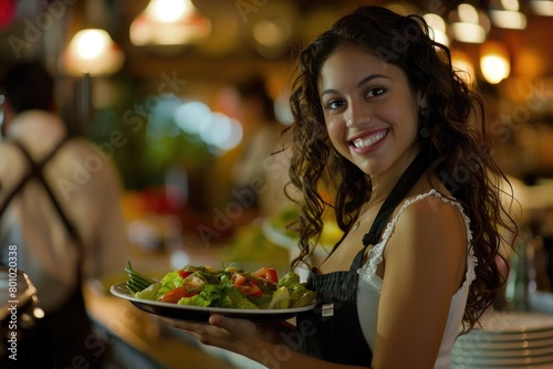 Attractive Hispanic Waitress Smiling and Serving Salad Plates in a Cheerful Eatery photo