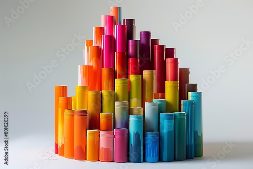 A podium stand built from stacked paint tubes  each one open to reveal a vibrant splash of color  showcasing a collection of eye shadow palettes.