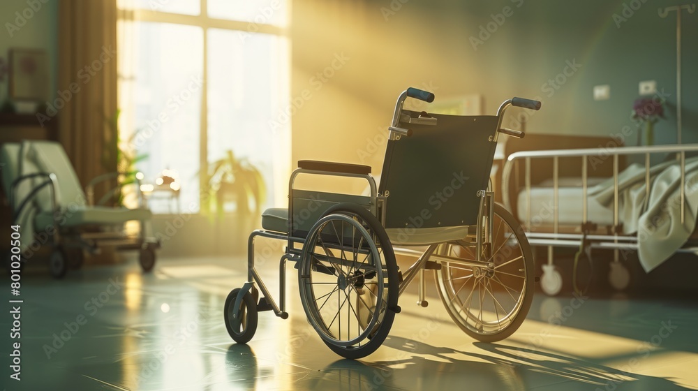 Empty Wheelchair by Sunlit Hospital Bed in Patient's Room - Medical Equipment for Health and Clinic