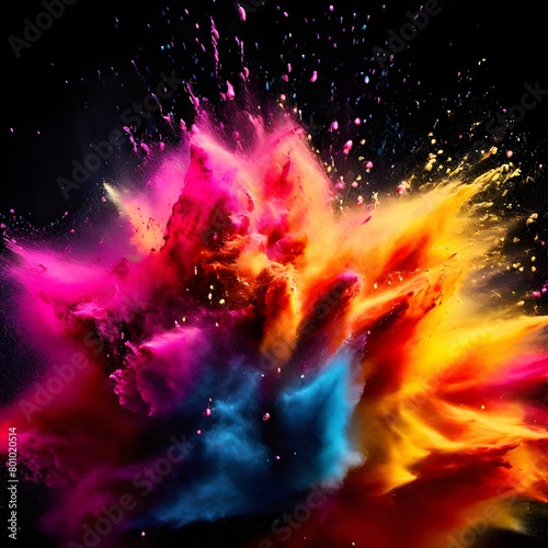 rainbow-colored holi powder explosively dispersing against a black background