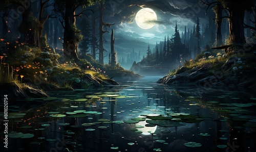 Dark Forest With Lily Pads Under Full Moon © uhdenis