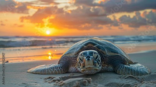 An olive ridley sea turtle resting on a secluded sandy beach at sunrise. photo