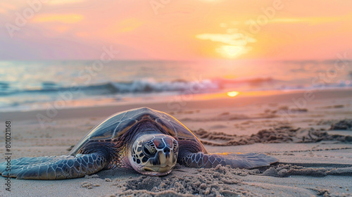 An olive ridley sea turtle resting on a secluded sandy beach at sunrise. photo