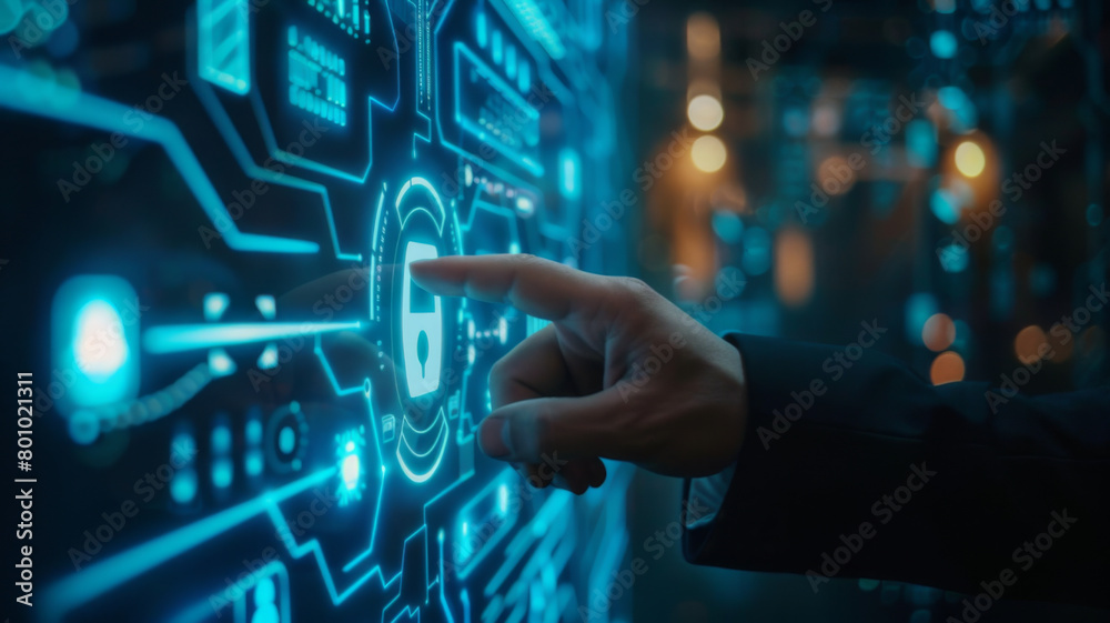 Businessman use forefinger touching security button on virtual screens, internet technology Businessman use forefinger touching security button on virtual screens, internet technology
