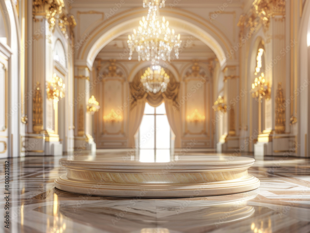 Fototapeta premium Elegant Velvet Podium, front view focus, with a Royal Palace Ballroom Background