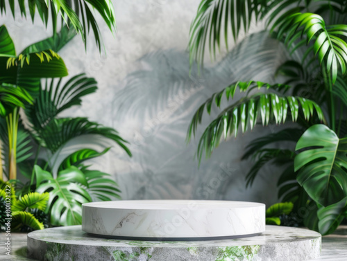 Contemporary White Podium Stage Rack front view focus with Green Stone and Tropical Leaves Background