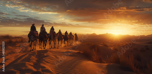 Bedouins on camels travel through the desert photo
