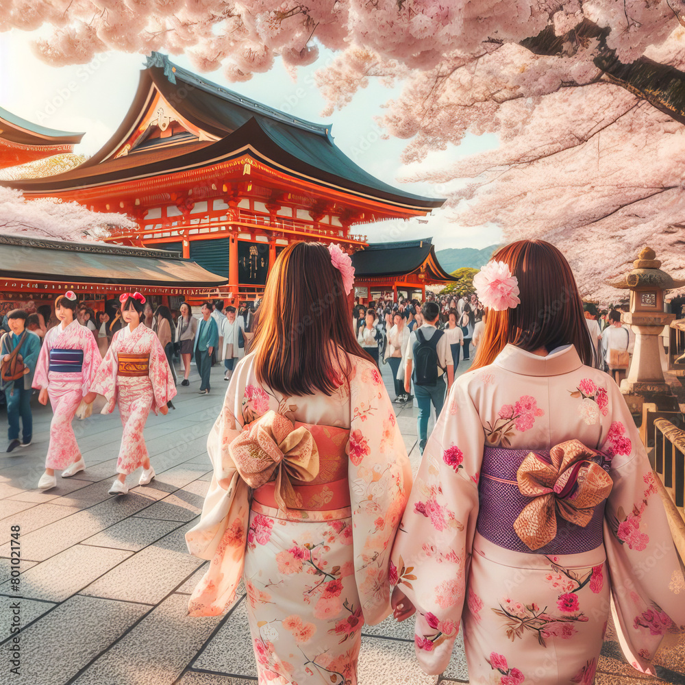 Obraz premium Cultural Immersion: Japanese Women Explore Kyoto Shrine. Cherry Blossoms. Yukata-Clad Women Visit Kyoto Shrine Under Cherry Blossoms. generative AI