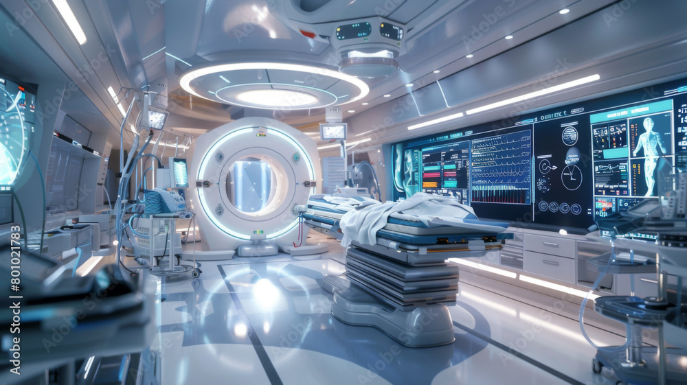 Obraz premium Medical technology hospital setting showcasing use computer technologies for treatment. Concept Hospital Technologies