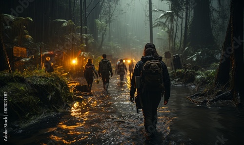 Group of People Walking Through Forest at Night