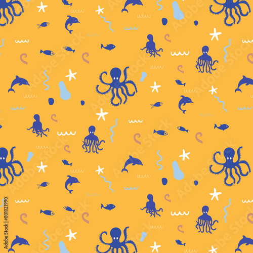 Summer Graphics Print, Digital Paper with octopus pattern illustrations (ID: 801021990)