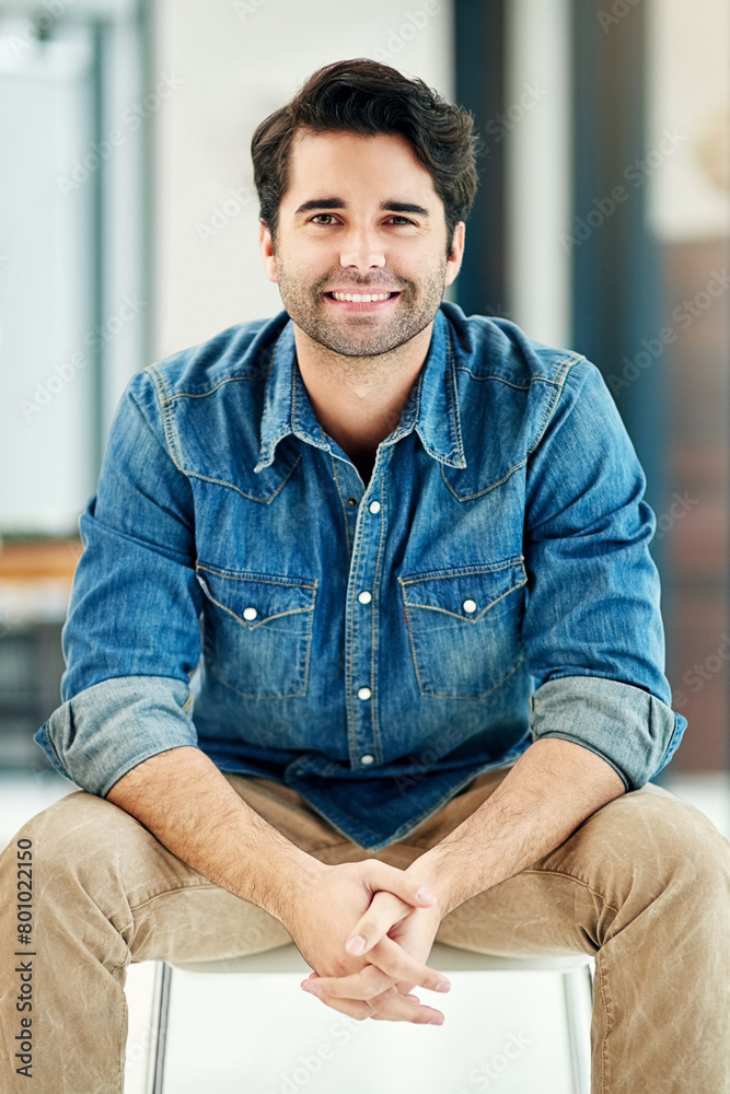 Man, portrait and consultant at creative company on chair, party and event planner in office. Male person, entrepreneur and small business owner in workplace, confidence and proud of opportunity