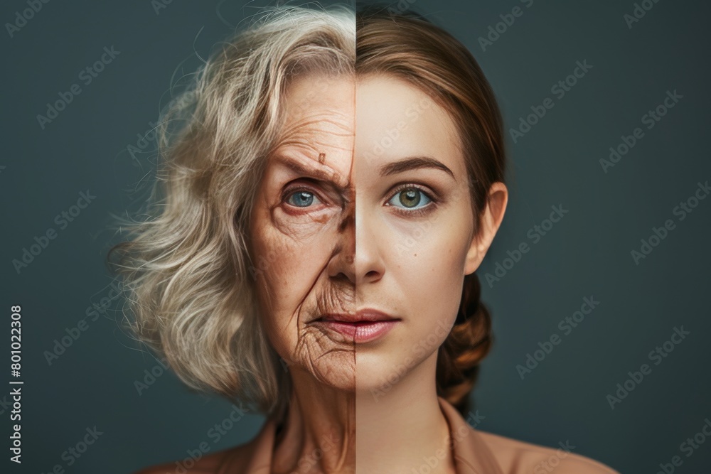 Vital aging care includes mature skin adaptations in skincare blonde, focusing on facial halves vitality and aging effects management in conceptual stages.